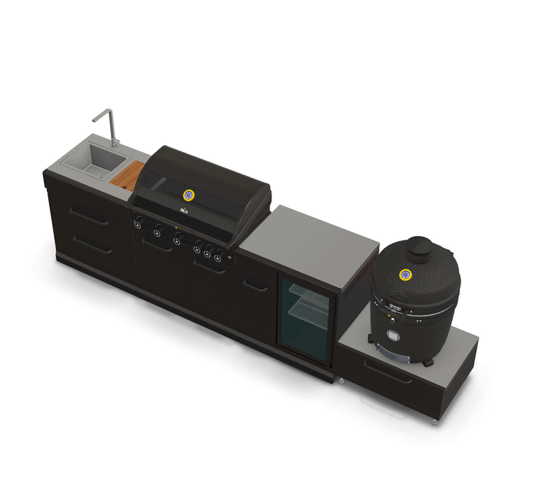 GRLLR Outdoor Kitchen 5 Burner BBQ, Fridge,Sink and kamado | Full length 3.5M