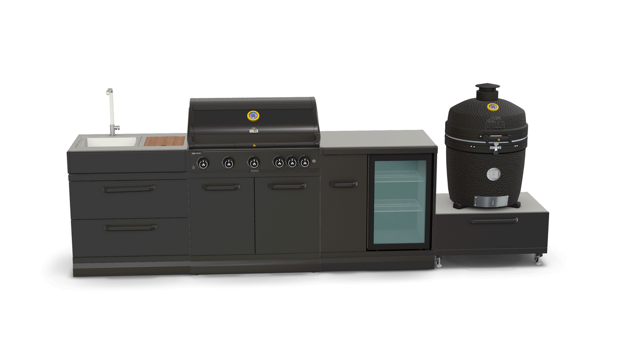 GRLLR Outdoor Kitchen 5 Burner BBQ, Fridge,Sink and kamado | Full length 3.5M