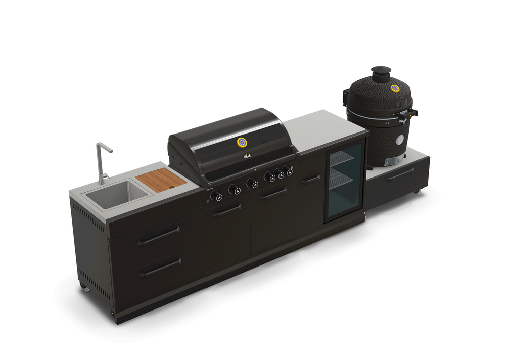 GRLLR Outdoor Kitchen 5 Burner BBQ, Fridge,Sink and kamado | Full length 3.5M