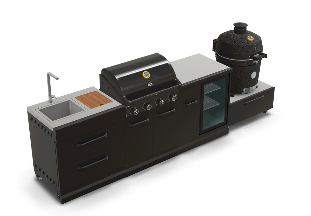 GRLLR Outdoor Kitchen 4 Burner BBQ, Fridge,Sink and kamado | Full length 3.1M