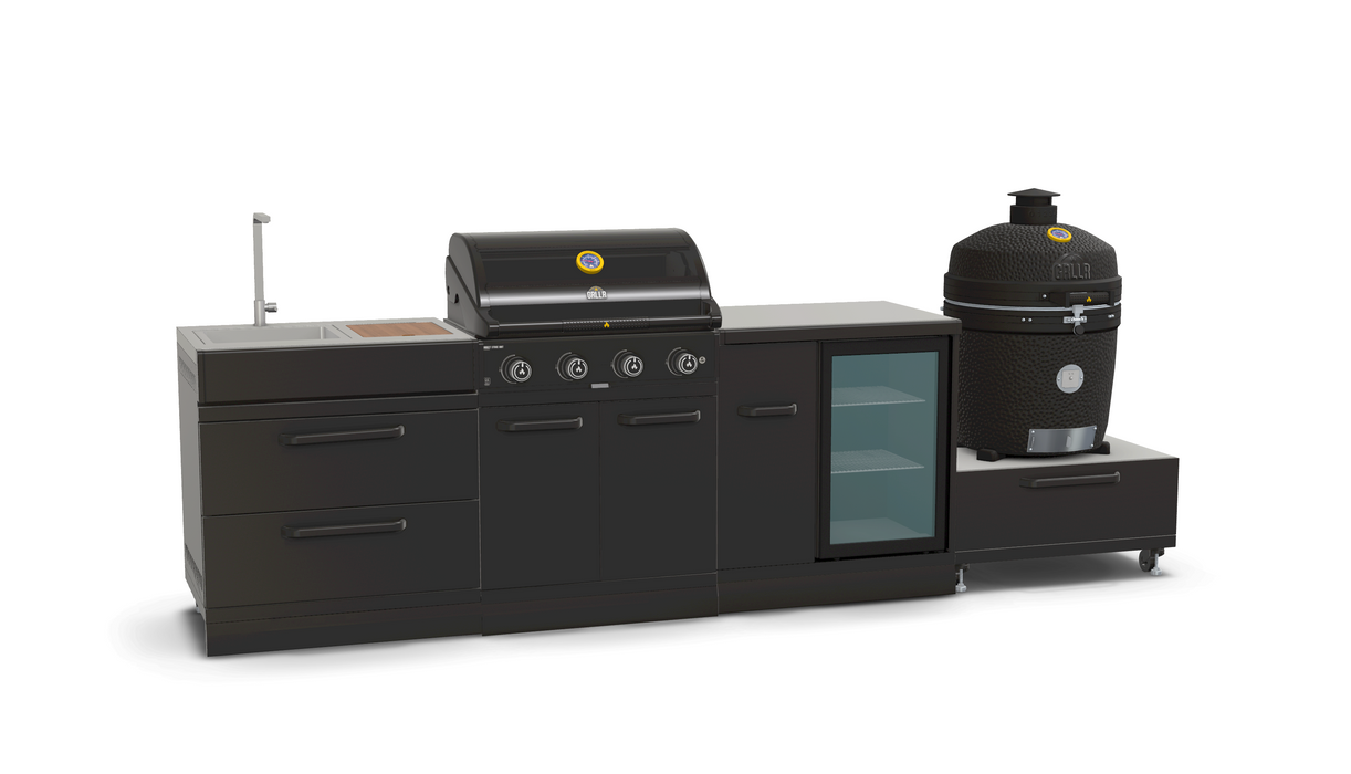 GRLLR Outdoor Kitchen 4 Burner BBQ, Fridge,Sink and kamado | Full length 3.1M