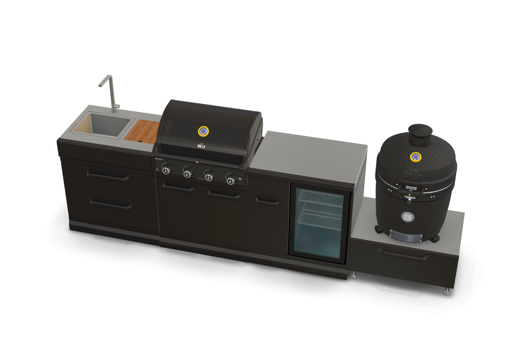 GRLLR Outdoor Kitchen 4 Burner BBQ, Fridge,Sink and kamado | Full length 3.1M