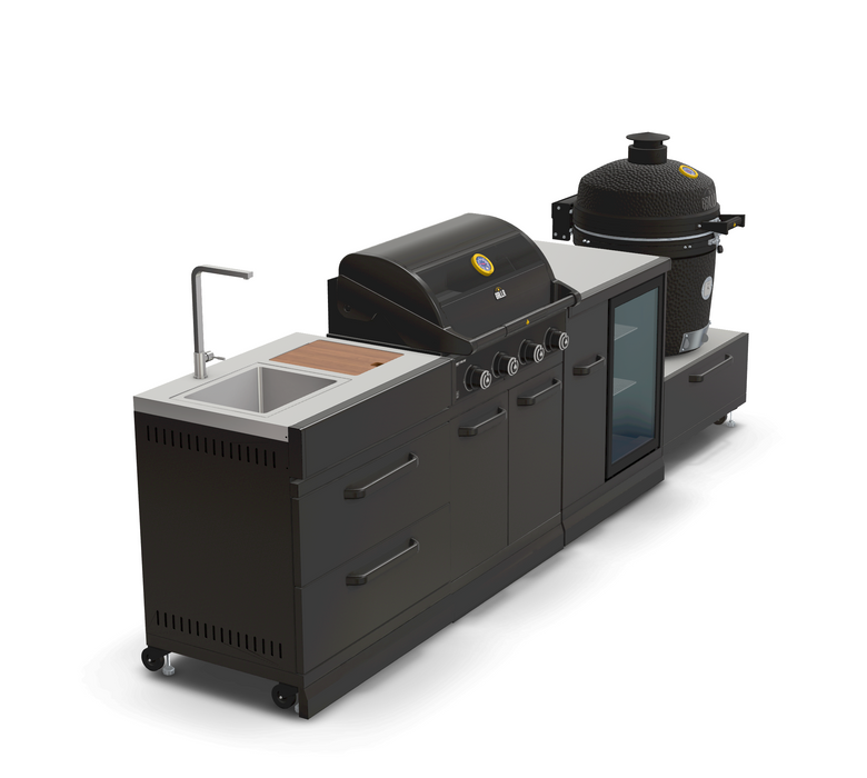 GRLLR Outdoor Kitchen 4 Burner BBQ, Fridge,Sink and kamado | Full length 3.1M