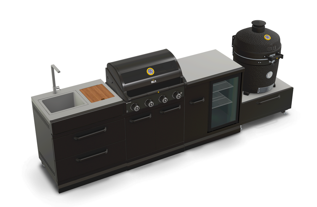 GRLLR Outdoor Kitchen 4 Burner BBQ, Fridge,Sink and kamado | Full length 3.1M