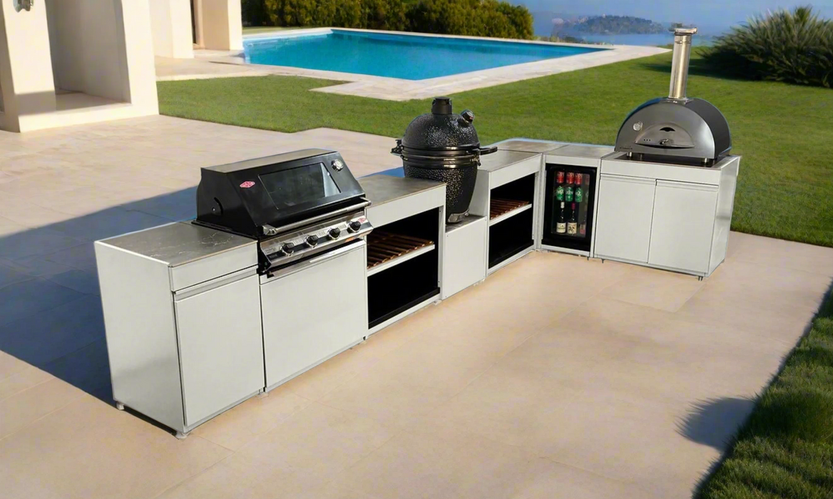 Vision Outdoor Kitchen L Shape Fridge Pizza oven, Kamado, and Barbecue Grill