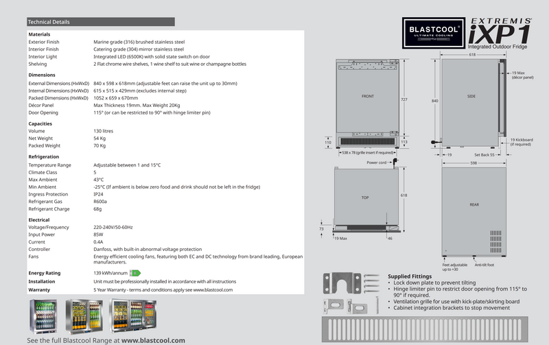 Blastcool Single Outdoor Fridge Extremis iXP1 Panel Ready (Integrated) 84cm high