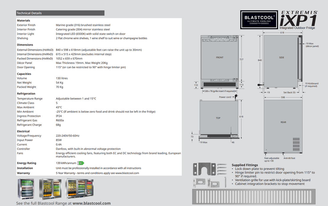 Blastcool Single Outdoor Fridge Extremis iXP1 Panel Ready (Integrated) 84cm high