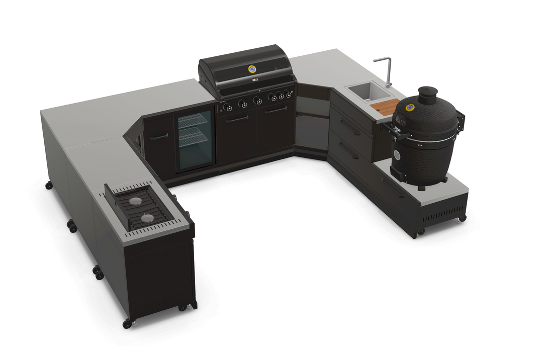 GRLLR Outdoor Kitchen U Shap Sink 5 Burner Fridge and kamado