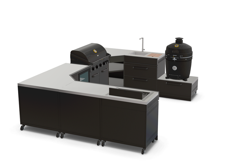 GRLLR Outdoor Kitchen U Shap Sink 5 Burner Fridge and kamado