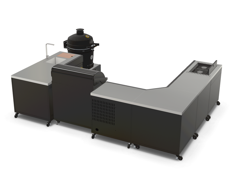 GRLLR Outdoor Kitchen U Shap Sink 5 Burner Fridge and kamado