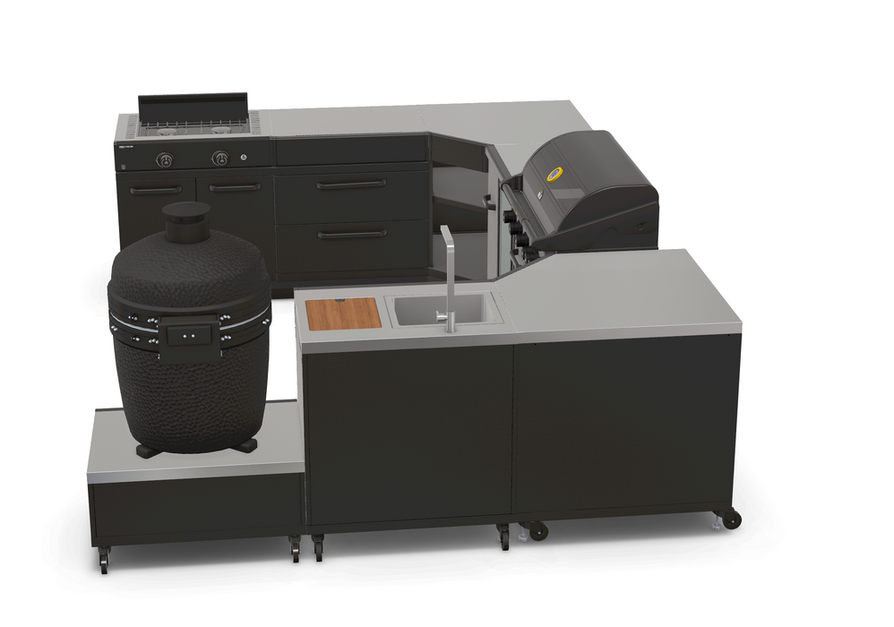 GRLLR Outdoor Kitchen U Shap Sink 5 Burner Fridge and kamado