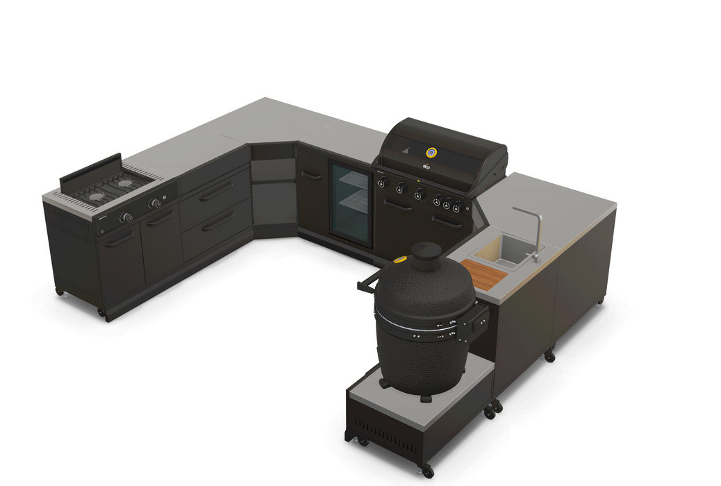 GRLLR Outdoor Kitchen U Shap Sink 5 Burner Fridge and kamado