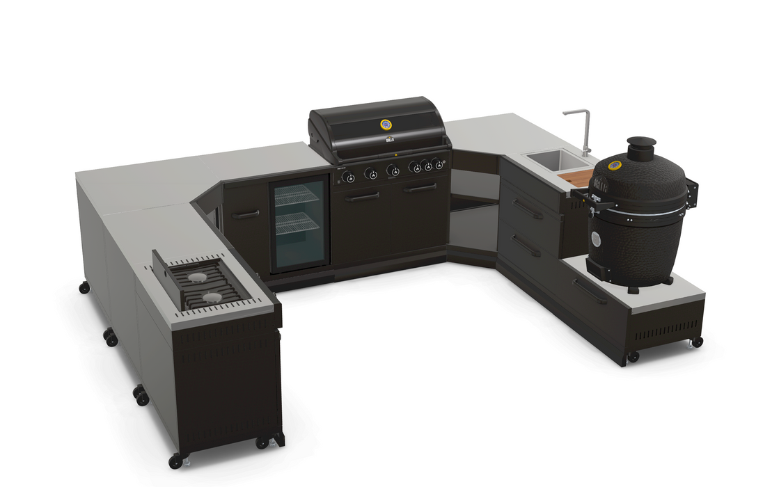 GRLLR Outdoor Kitchen U Shap Sink 5 Burner Fridge and kamado