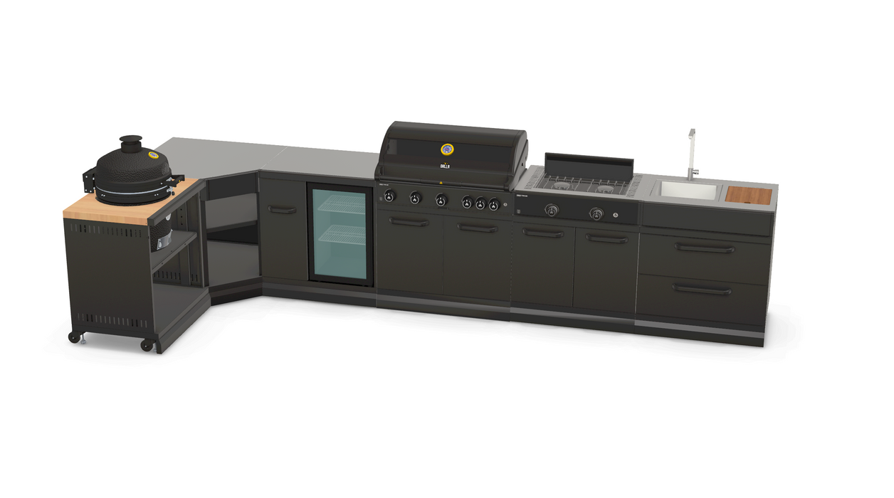 GRLLR Outdoor Kitchen L Shape, Sink, 5 Burner, Stove Fridge and kamado | Full length 4.2M x 1.7