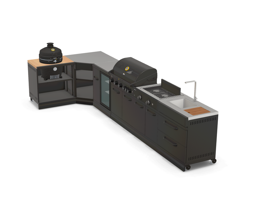 GRLLR Outdoor Kitchen L Shape, Sink, 5 Burner, Stove Fridge and kamado | Full length 4.2M x 1.7