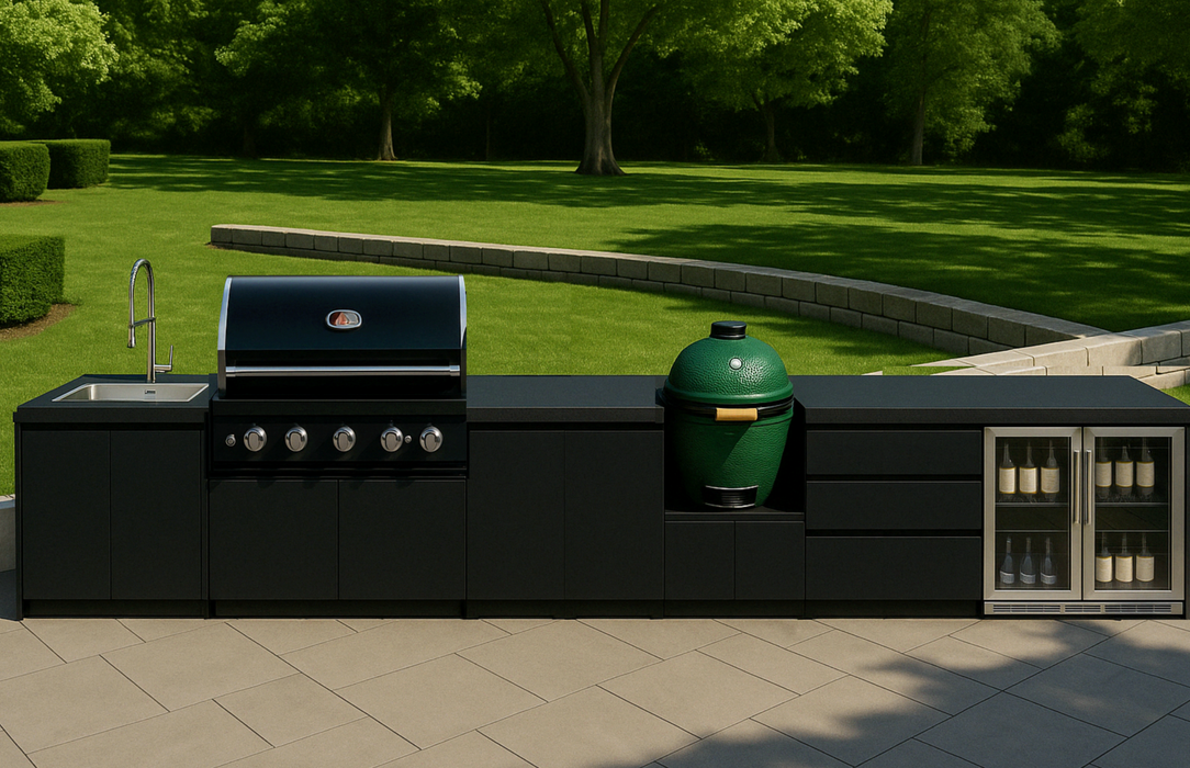 Whistler Fairford Black Outdoor Kitchen with Burford 5 Burner BBQ | 6M Full-Length