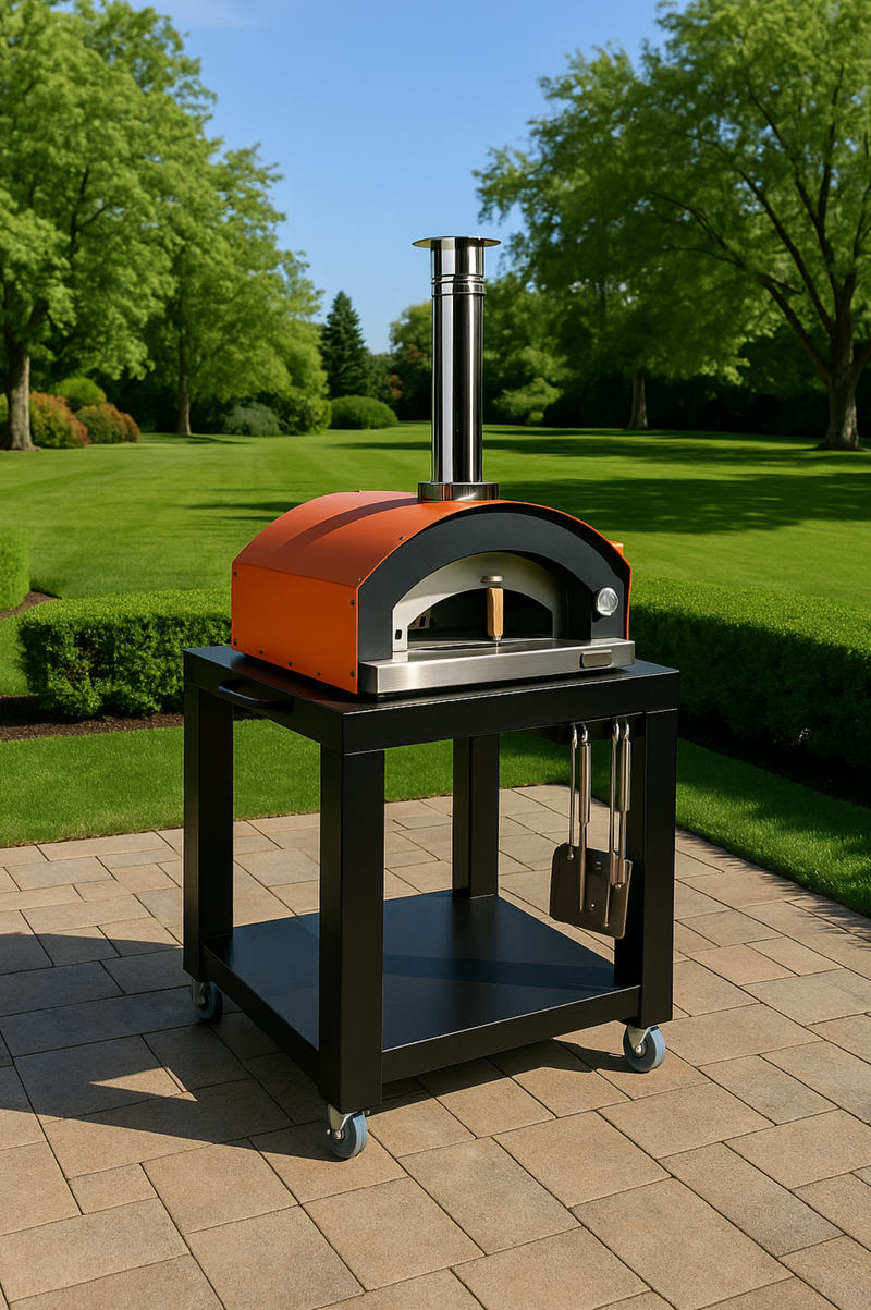 Rossofuoco MINO Outdoor wood-fired oven 70 x 48 cm with direct combustion - Orange Plus cart and accessories