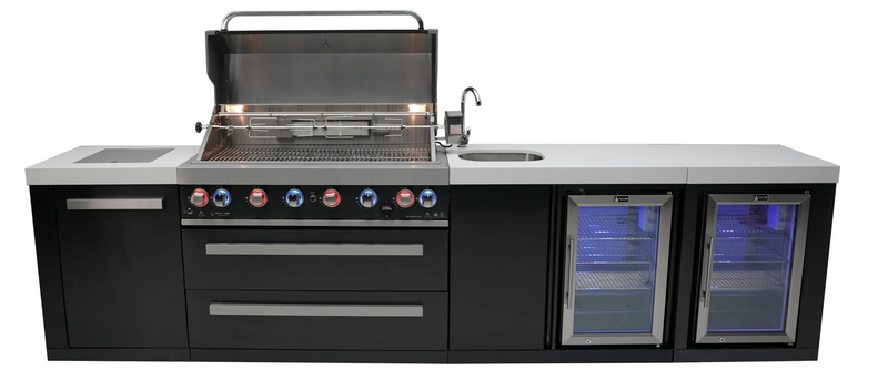 Mont Alpi Outdoor Kitchen Black, 6 Burner, Fridge, Sink and Weather Cover - 3.4m