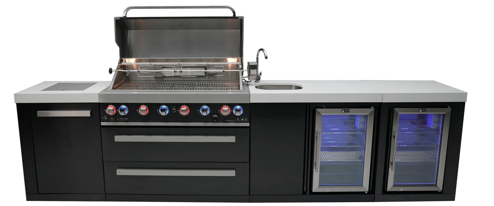 Mont Alpi Outdoor Kitchen Black, 6 Burner, Fridge, Sink and Weather Cover - 3.4m