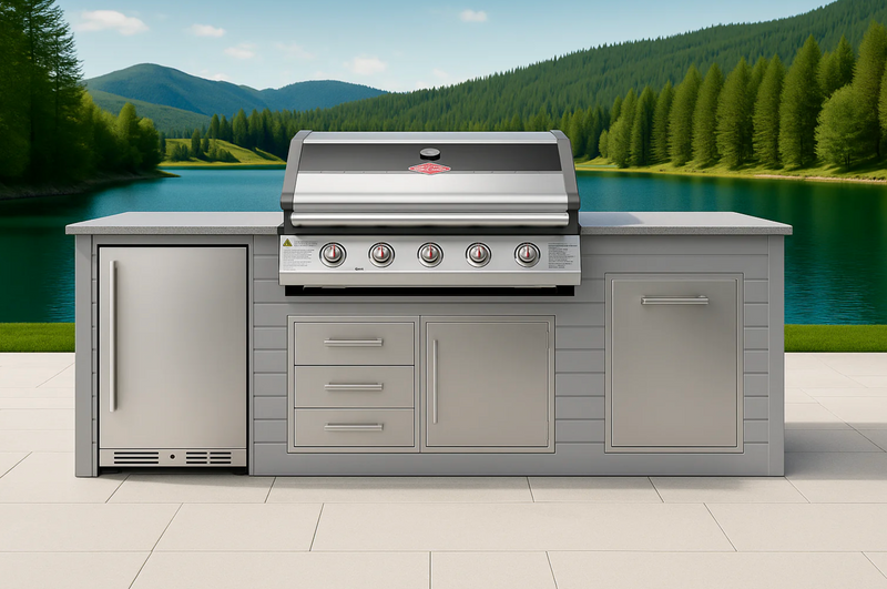 The Alpha Forge Outdoor Kitchen Beefeater 1600S Built-In 5 Burner Gas BBQ and Kamado | 450cm Light grey