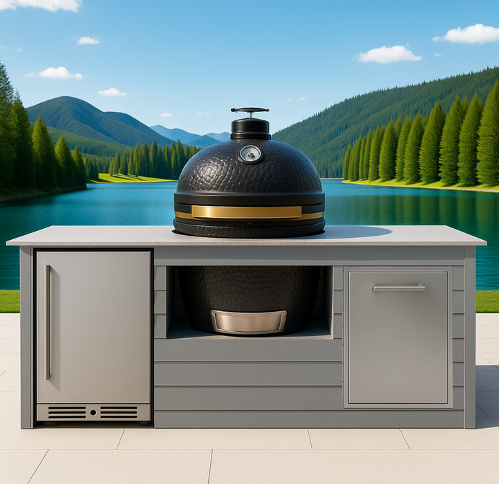 The Alpha Forge Outdoor Kitchen Kamado Grill 22" and Fridge and Bin | 250cm Light grey