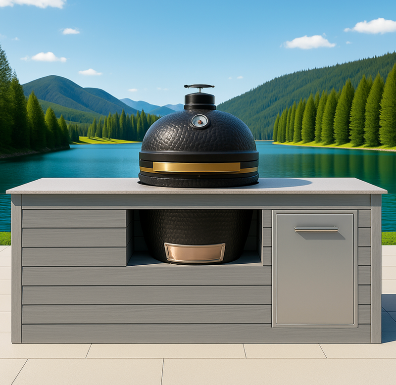 The Alpha Forge Outdoor Kitchen Beefeater 1600S Built-In 5 Burner Gas BBQ and Kamado | 450cm Light grey