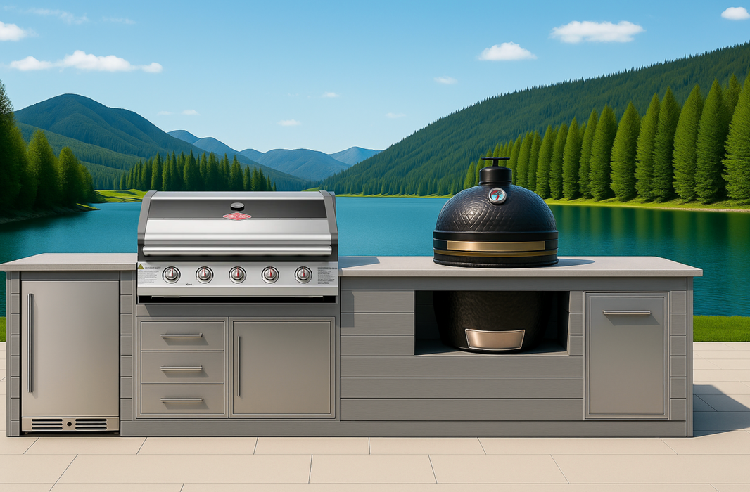 The Alpha Forge Outdoor Kitchen Beefeater 1600S Built-In 5 Burner Gas BBQ and Kamado | 450cm Light grey