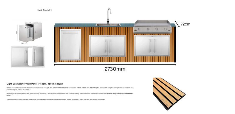 The Alpha Forge Outdoor Kitchen Plancha Grill, Sink, Bar and Fridge Unit | 273cm x 220cm Light Oak