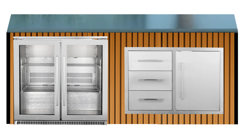 The Alpha Forge Outdoor Kitchen Plancha Grill, Sink, Bar and Fridge Unit | 273cm x 220cm Light Oak