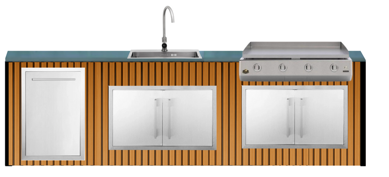 The Alpha Forge Outdoor Kitchen Plancha Grill, Sink, Bar and Fridge Unit | 273cm x 220cm Light Oak