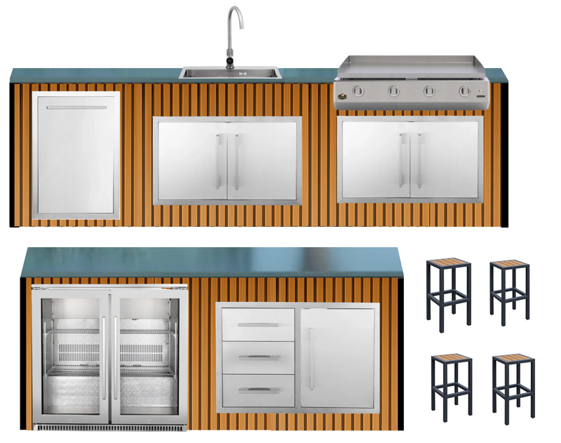 The Alpha Forge Outdoor Kitchen Plancha Grill, Sink, Bar and Fridge Unit | 273cm x 220cm Light Oak