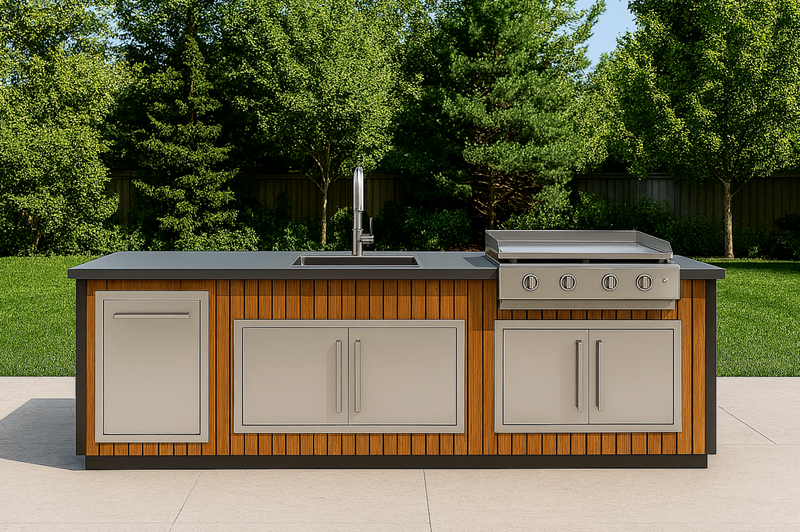 The Alpha Forge Outdoor Kitchen Plancha Grill and Sink Station | 273cm x 60cm Light Oak