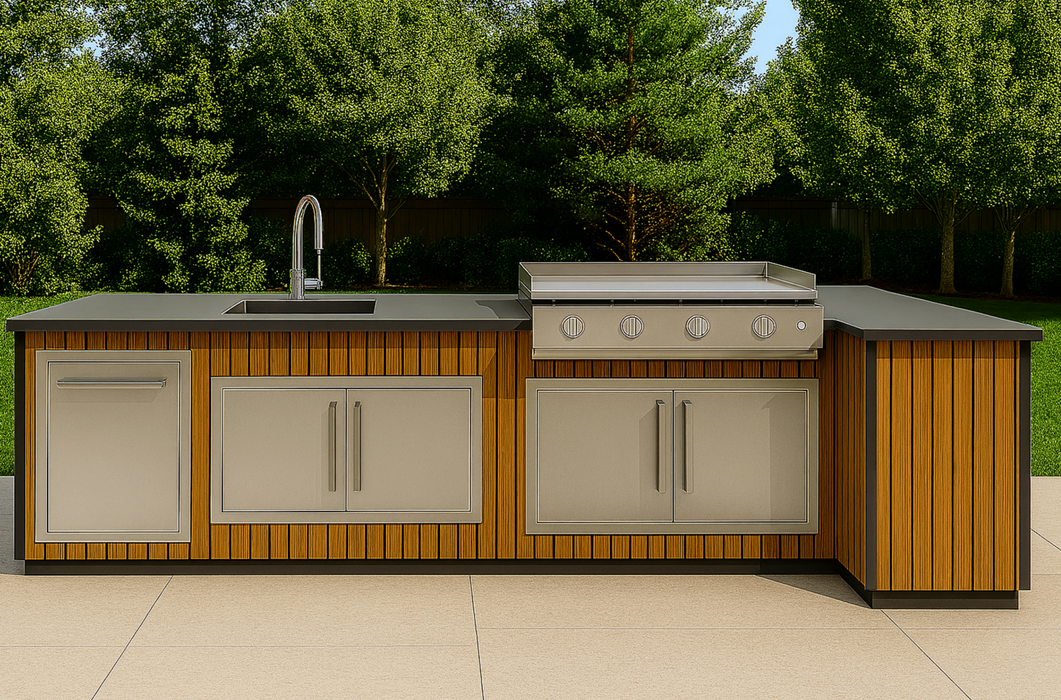 The Alpha Forge Outdoor Kitchen Plancha Grill and Sink Station | 273cm x 120cm Light Oak