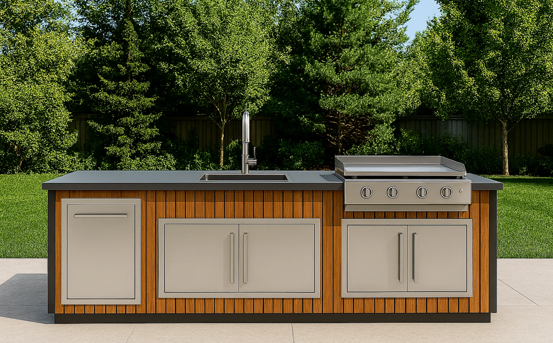 The Alpha Forge Outdoor Kitchen Plancha Grill, Sink, Bar and Fridge Unit | 273cm x 220cm Light Oak