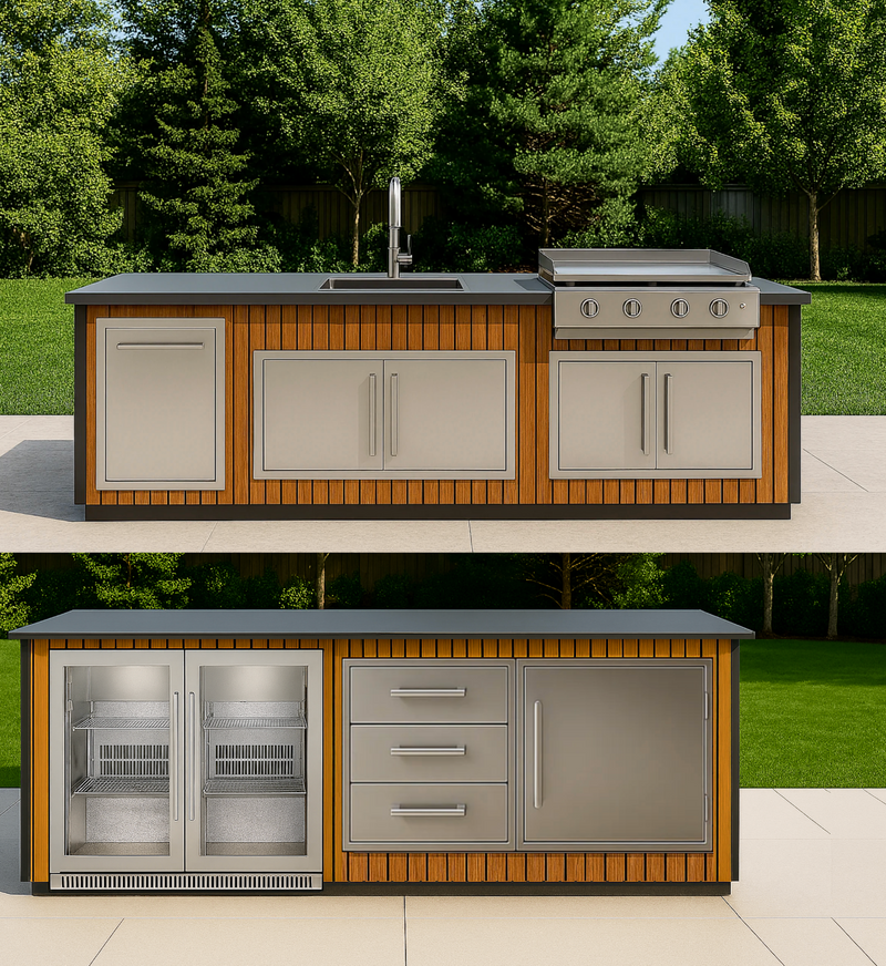 The Alpha Forge Outdoor Kitchen Plancha Grill, Sink, Bar and Fridge Unit | 273cm x 220cm Light Oak