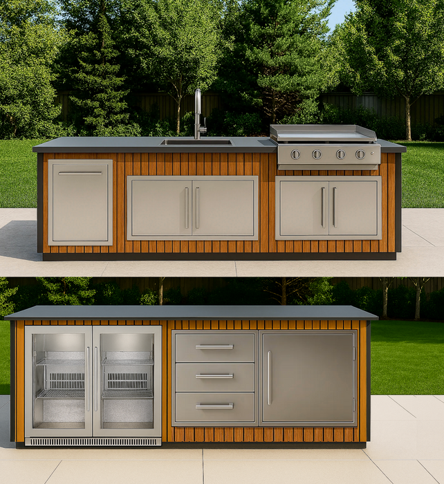 The Alpha Forge Outdoor Kitchen Plancha Grill, Sink, Bar and Fridge Unit | 273cm x 220cm Light Oak