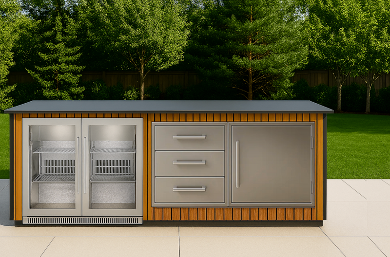 The Alpha Forge Outdoor Kitchen Bar and Fridge Unit | 220cm x 100cm Light Oak