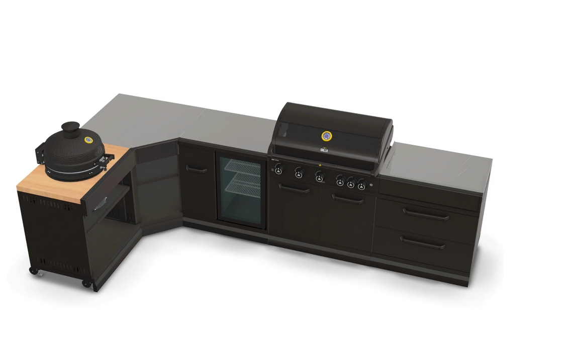 GRLLR Outdoor Kitchen L Shap Sink 5 Burner Fridge and kamado Double Drawer| Full length 4M x 1.7