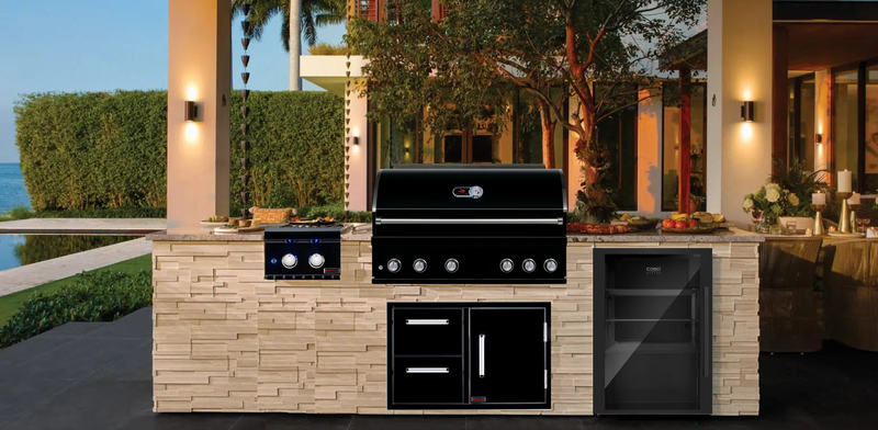 The Alpha Forge Outdoor Kitchen Whistler Burford 5 Burner Gas BBQ | 300cm Tuscany Beige Interlocking Travertine