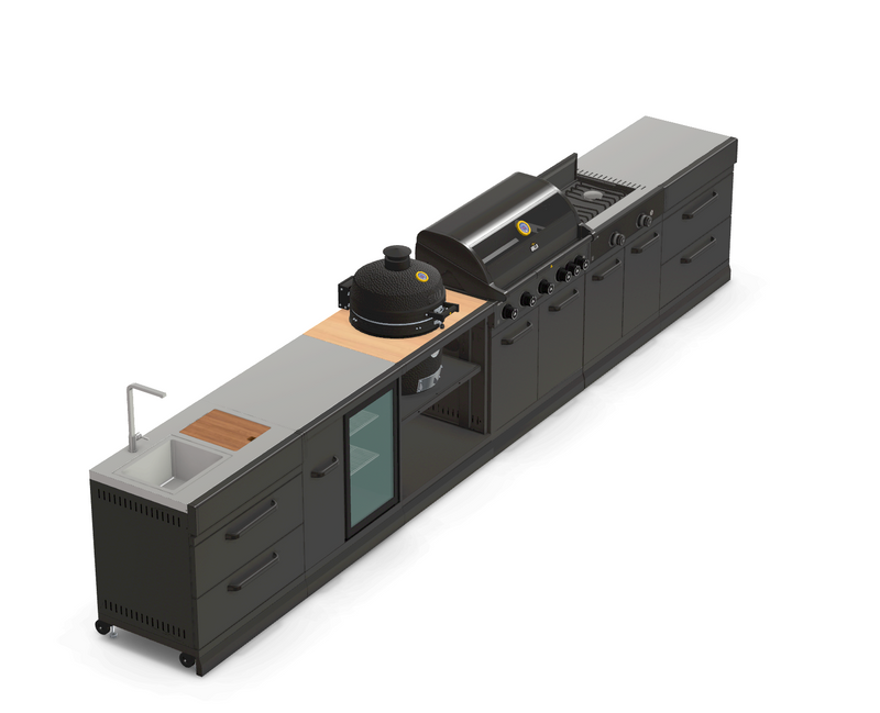 GRLLR Outdoor Kitchen 5 Burner BBQ, Stove unit,Fridge, Sink and Kamado | Full length 5M