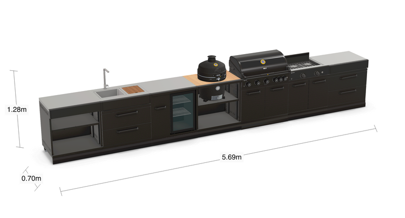 GRLLR Outdoor Kitchen 5 Burner BBQ, Stove unit,Fridge, Sink and Kamado | Full length 5.7M