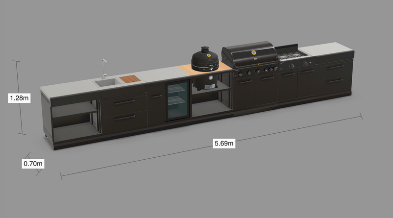GRLLR Outdoor Kitchen 5 Burner BBQ, Stove unit,Fridge, Sink and Kamado | Full length 5.7M