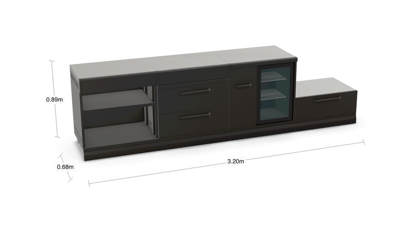 GRLLR Outdoor Kitchen Island Open shelves and Fridge and Kamado | Full length 3.2M