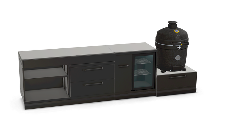 GRLLR Outdoor Kitchen Island Open shelves and Fridge and Kamado | Full length 3.2M