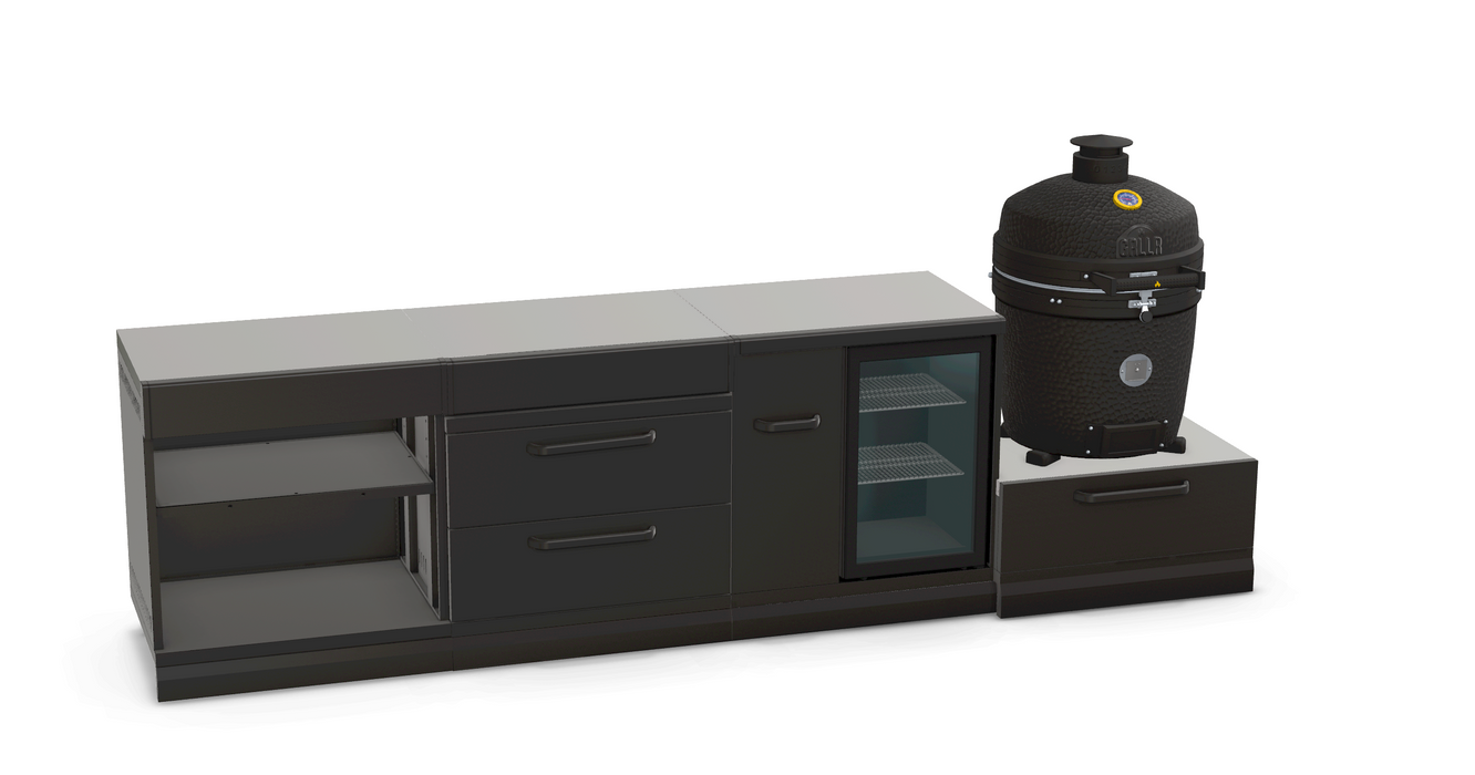 GRLLR Outdoor Kitchen Island Open shelves and Fridge and Kamado | Full length 3.2M