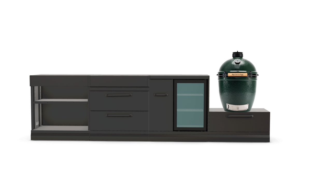 GRLLR Outdoor Kitchen Island Open shelves and Fridge and Green egg | Full length 3.2M