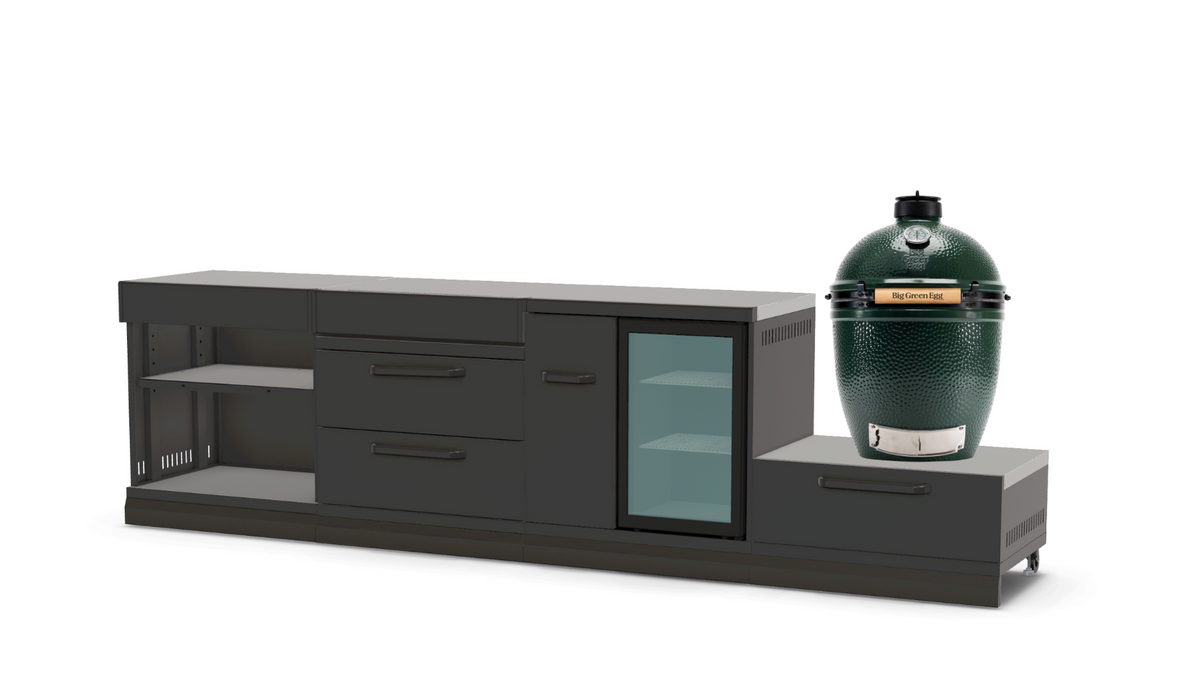 GRLLR Outdoor Kitchen Island Open shelves and Fridge and Green egg | Full length 3.2M