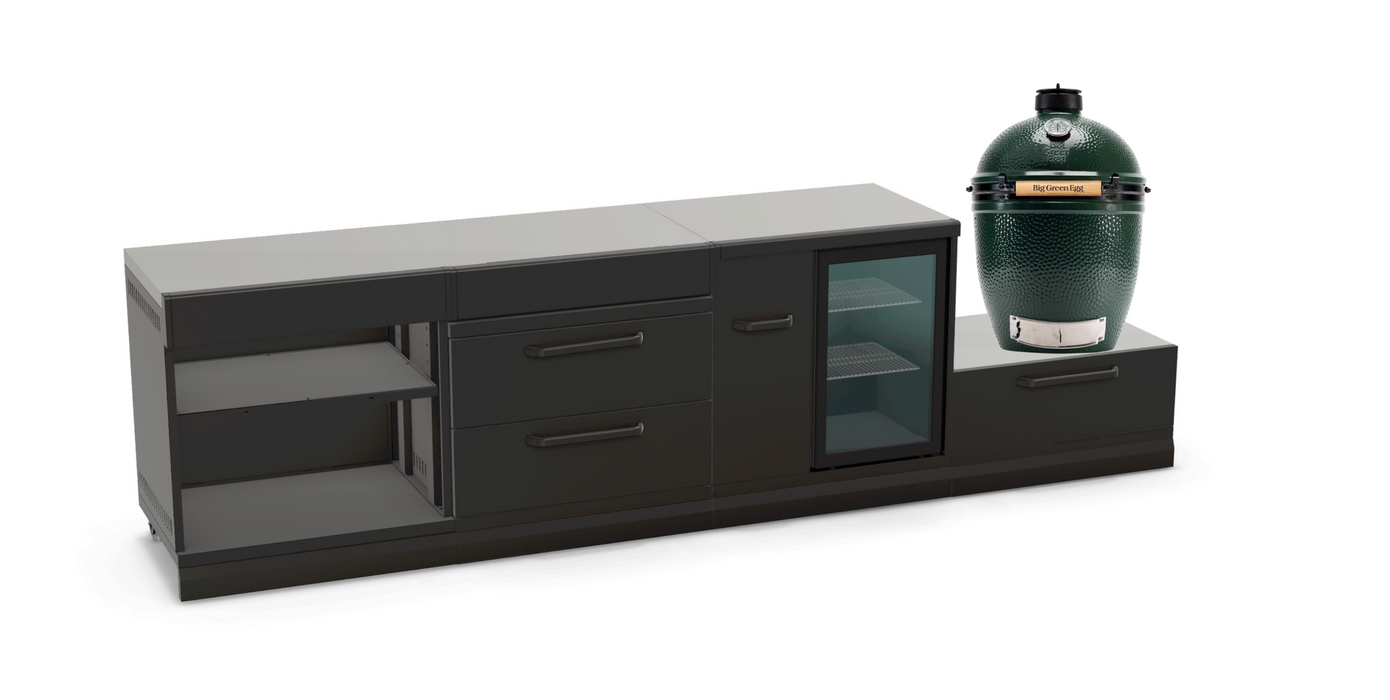 GRLLR Outdoor Kitchen Island Open shelves and Fridge and Green egg | Full length 3.2M