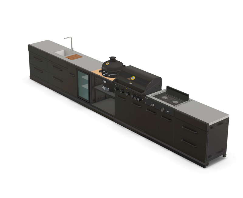 GRLLR Outdoor Kitchen 5 Burner BBQ, Stove unit,Fridge, Sink and Kamado 2D | Full length 5.7M