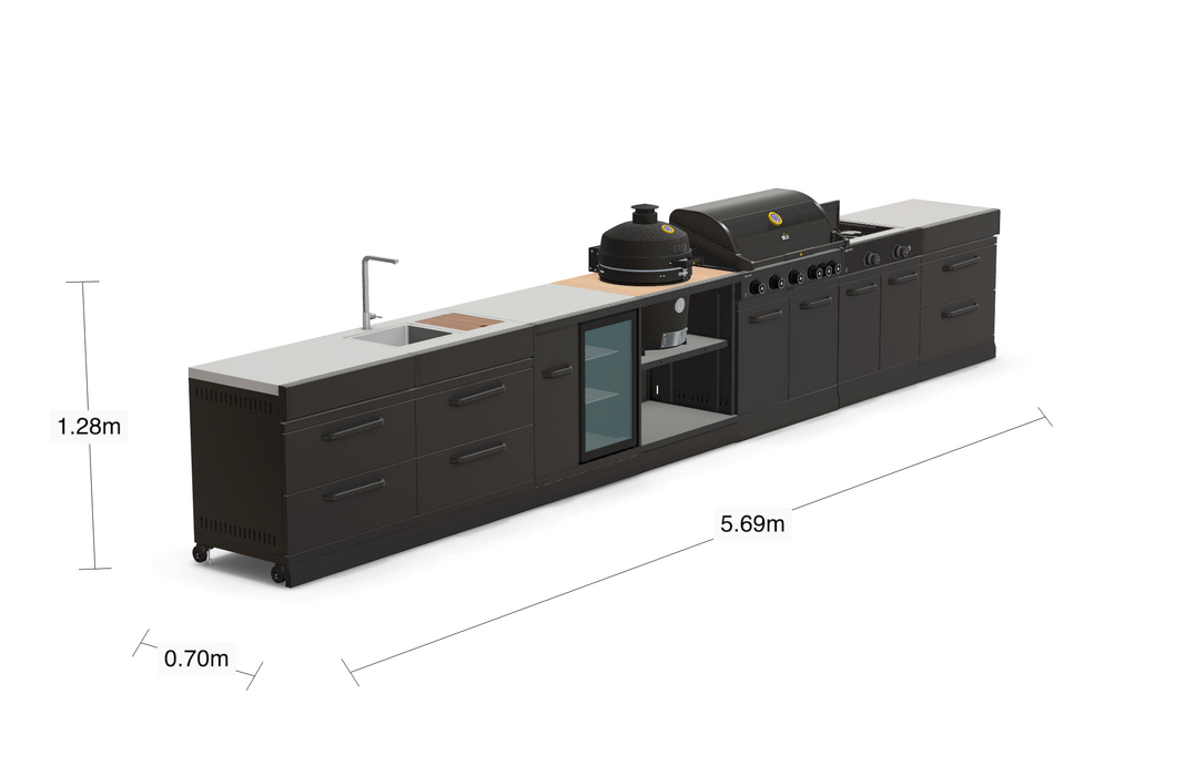 GRLLR Outdoor Kitchen 5 Burner BBQ, Stove unit,Fridge, Sink and Kamado 2D | Full length 5.7M